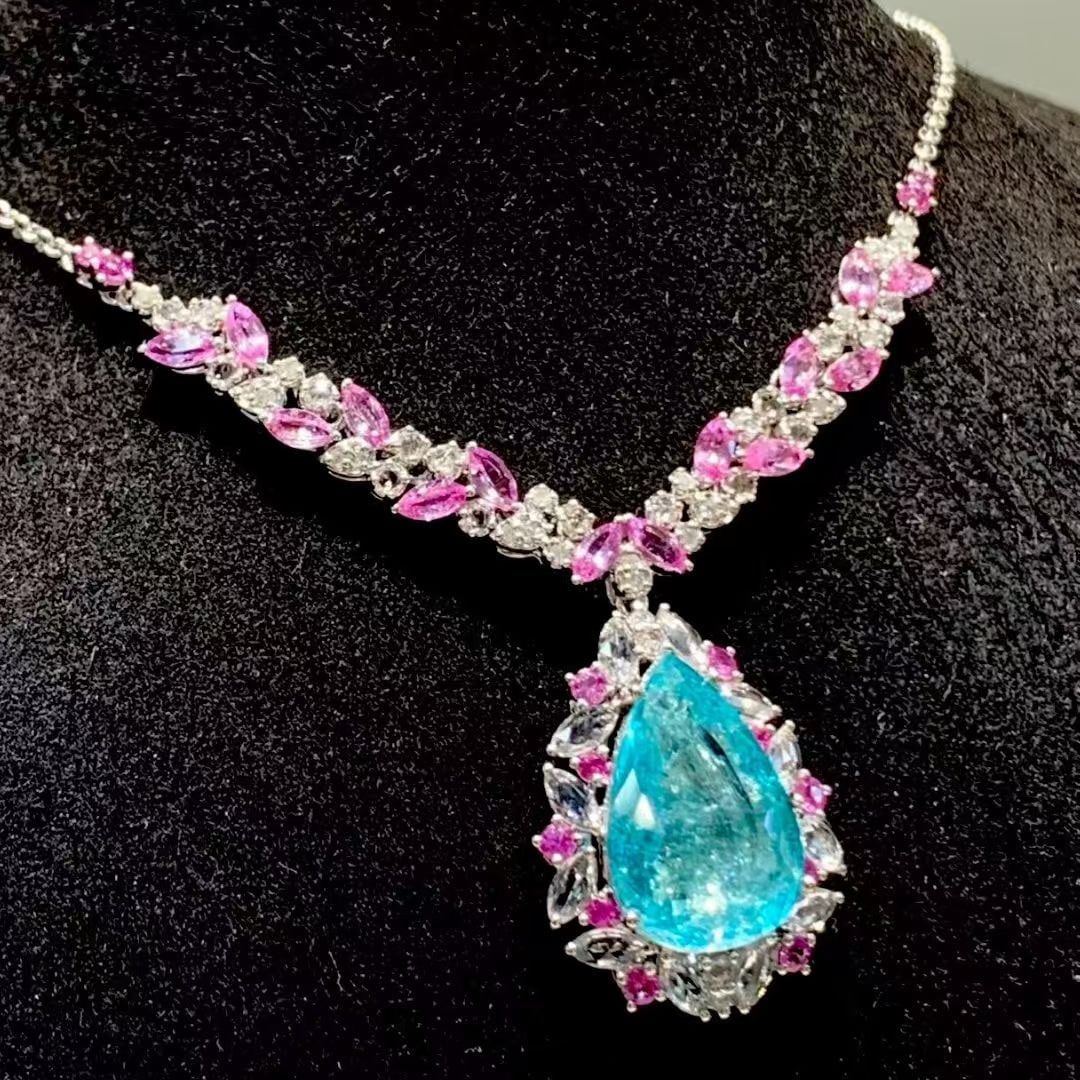 14k Gold 6.19 Ct Natural Paraiba Tourmaline & Coloured Gemstone Necklace - 4