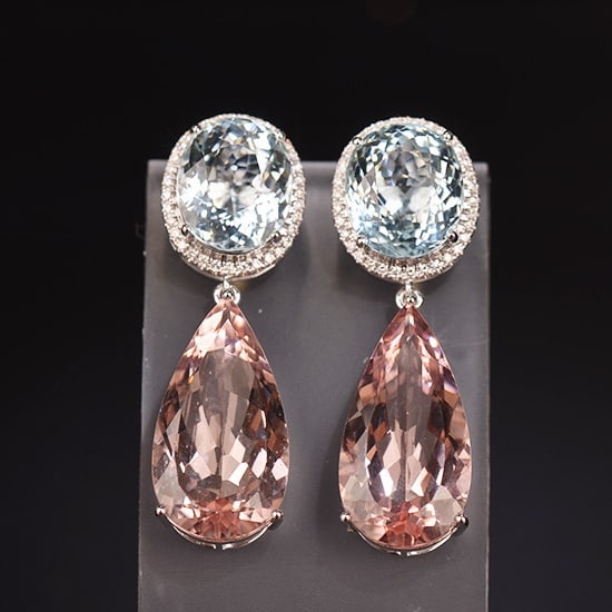 14k Gold 26.05 Ctw Natural Aquamarine & Morganite Earrings: Ref:231091014 // gold content:14k gold // main gemstone:aquamarine // shape:oval // carat weight:10. 85ct // color:blue // treatment:natural // // main gemstone 2 : morganite // shape:pear // carat we
