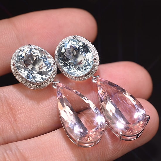 14k Gold 26.05 Ctw Natural Aquamarine & Morganite Earrings - 5