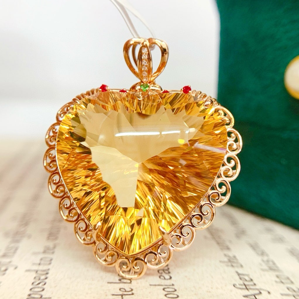 14k Gold 32.9 Ct Natural Citrine & Diamond Pendant( Without Chain ) - 4