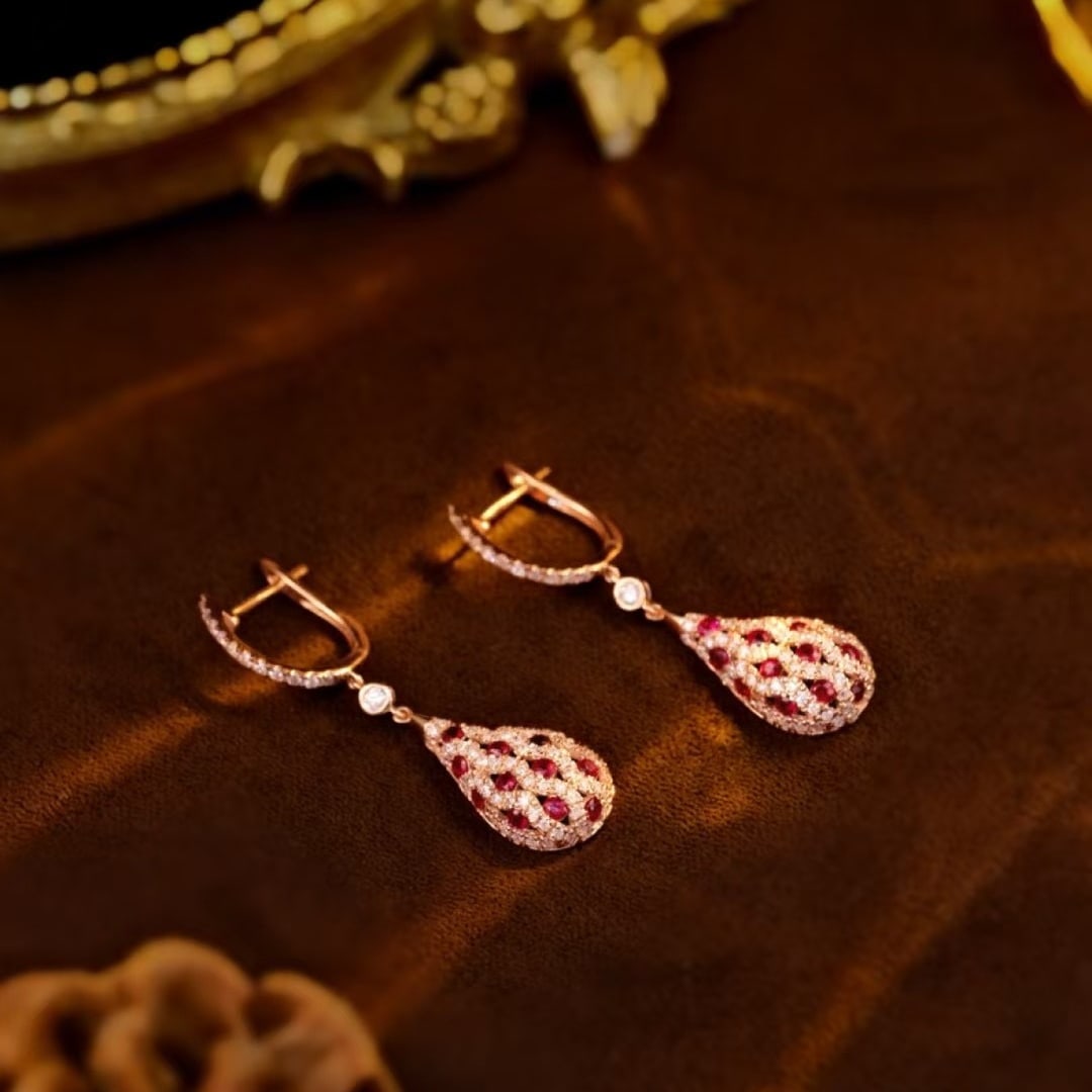 14k Gold 1.5 Ctw Natural Ruby & Diamond Earrings - 3