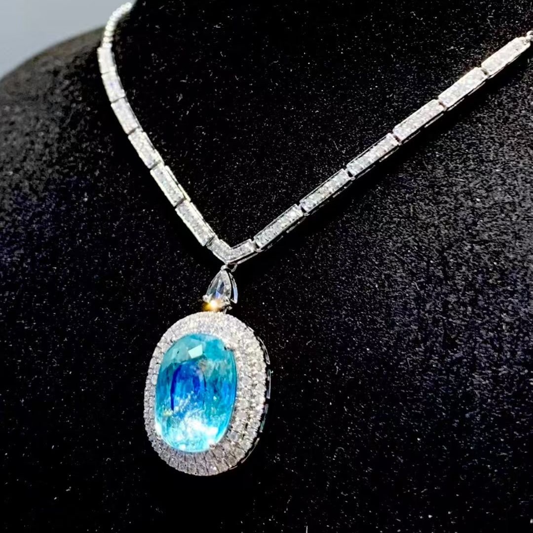 14k Gold 4.43 Ct Natural Paraiba Tourmaline & Diamond Necklace - 2