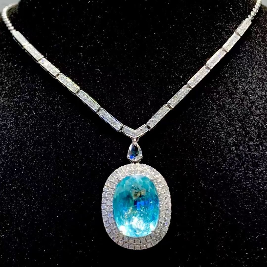 14k Gold 4.43 Ct Natural Paraiba Tourmaline & Diamond Necklace - 3