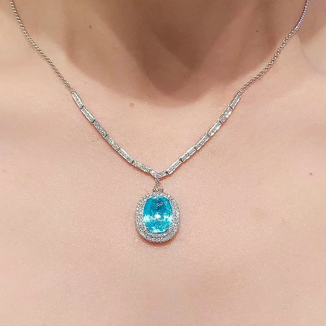 14k Gold 4.43 Ct Natural Paraiba Tourmaline & Diamond Necklace - 4
