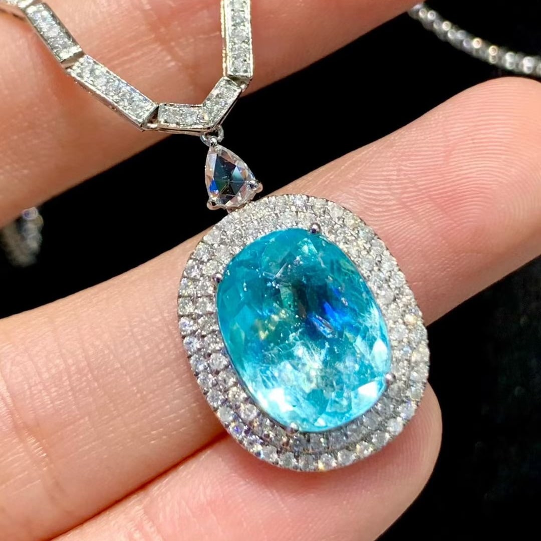 14k Gold 4.43 Ct Natural Paraiba Tourmaline & Diamond Necklace - 5