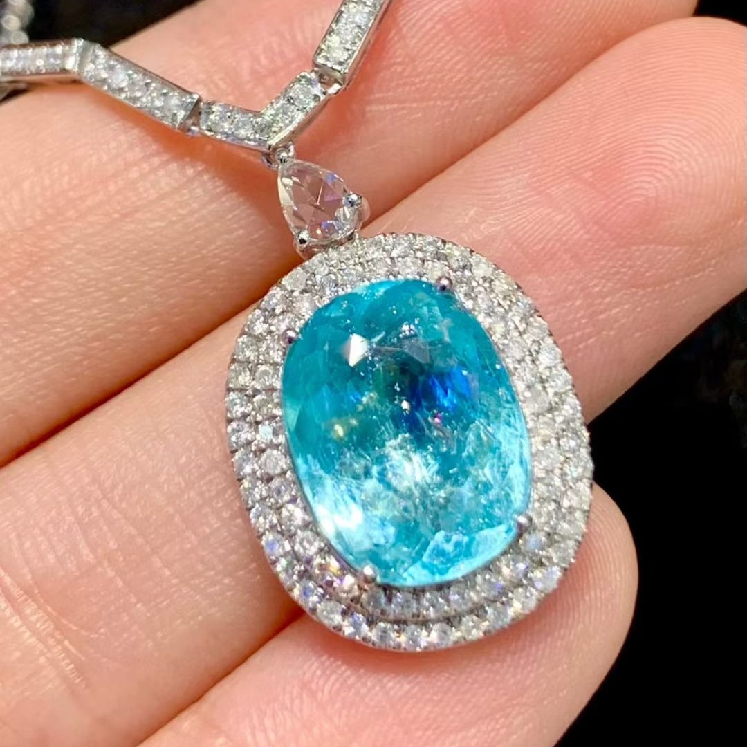 14k Gold 4.43 Ct Natural Paraiba Tourmaline & Diamond Necklace - 6