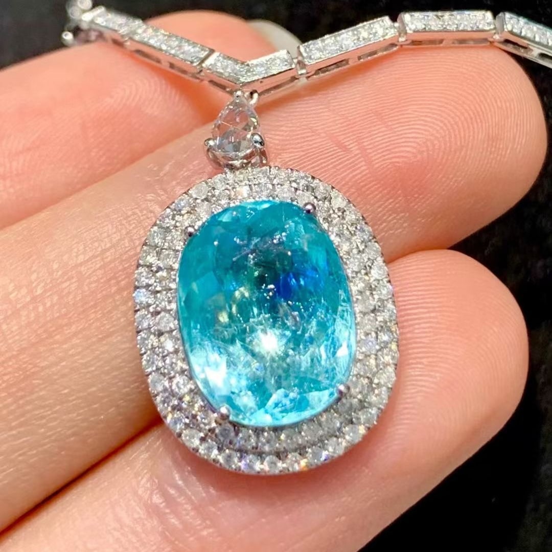 14k Gold 4.43 Ct Natural Paraiba Tourmaline & Diamond Necklace - 7