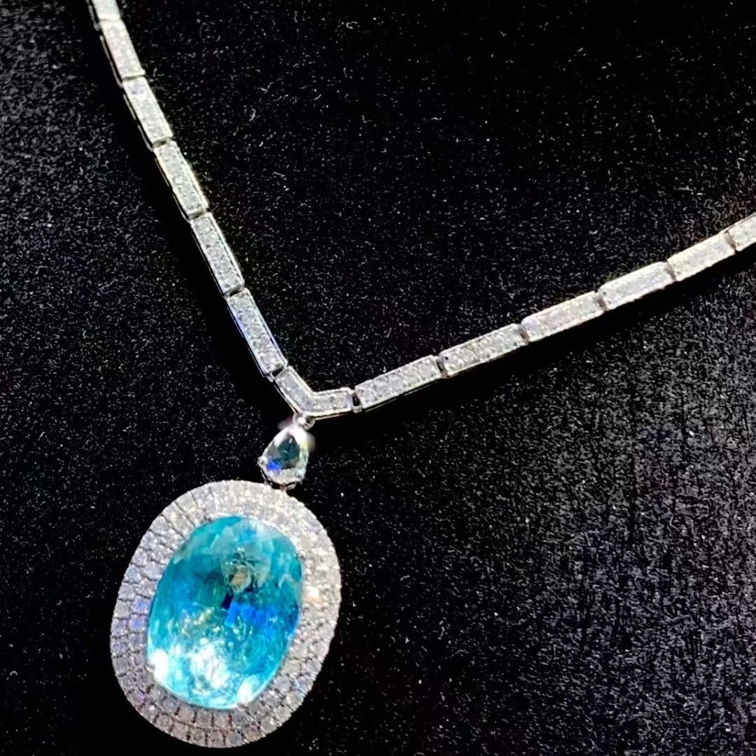 14k Gold 4.43 Ct Natural Paraiba Tourmaline & Diamond Necklace - 8