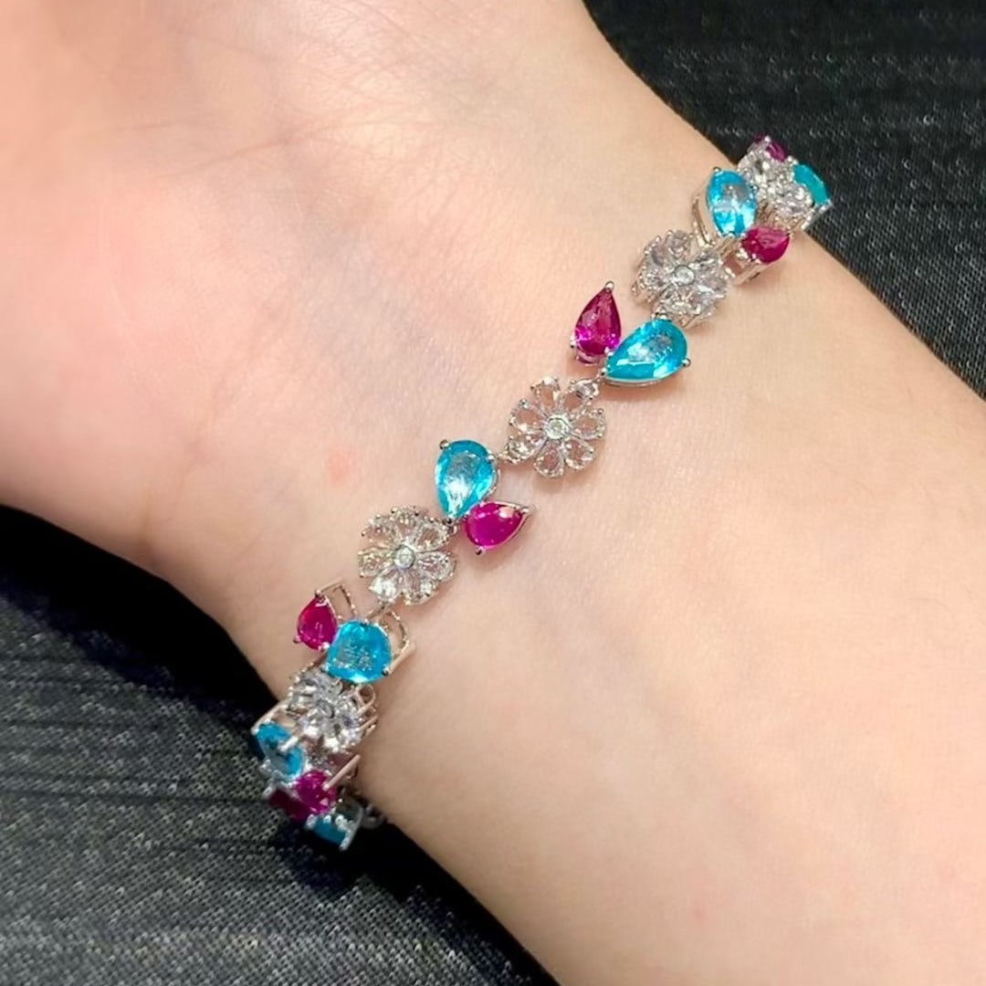 14k Gold 9.3 Ct Natural Paraiba Tourmaline & Ruby & Sapphire Bracelet - 2