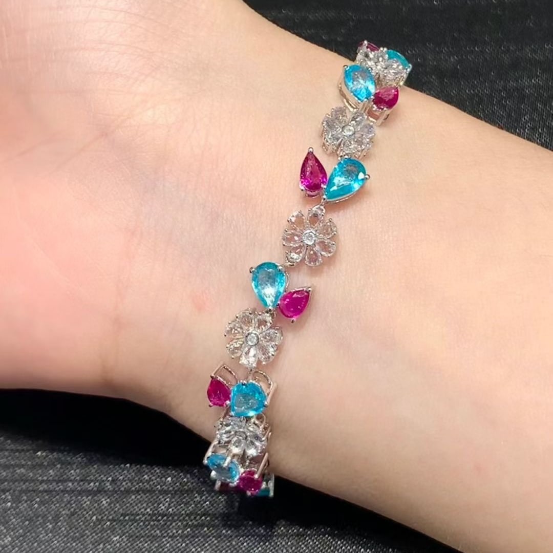 14k Gold 9.3 Ct Natural Paraiba Tourmaline & Ruby & Sapphire Bracelet - 3
