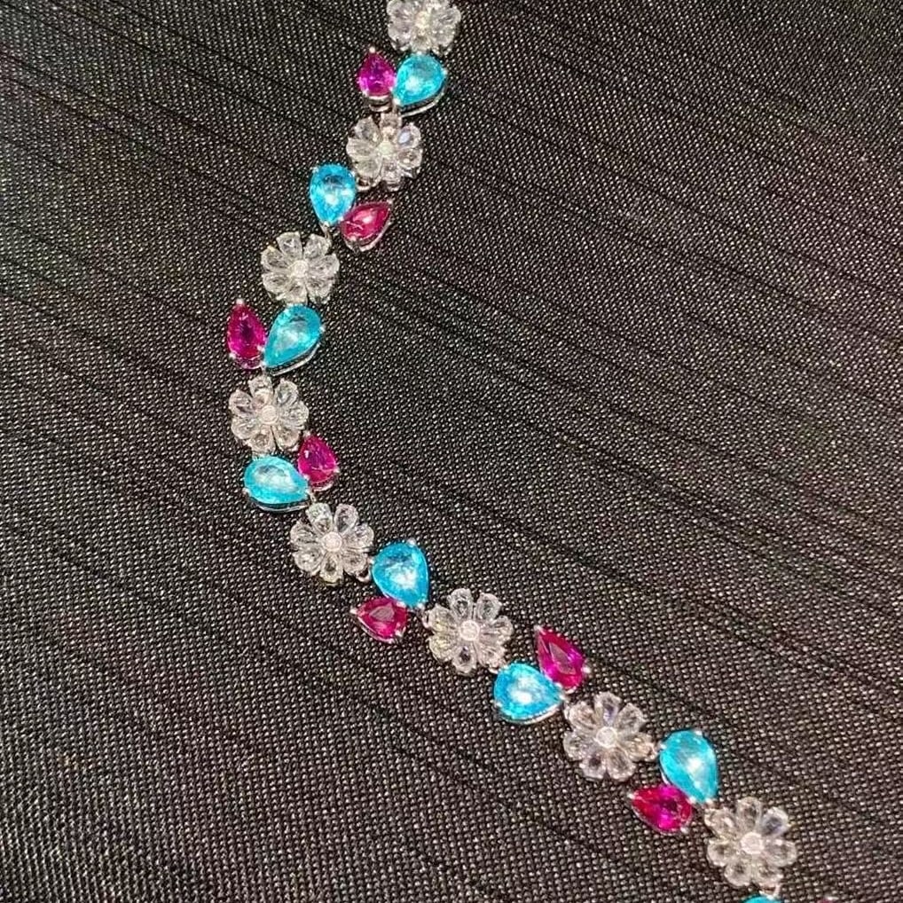 14k Gold 9.3 Ct Natural Paraiba Tourmaline & Ruby & Sapphire Bracelet - 5