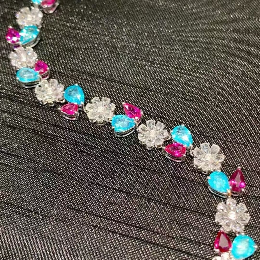 14k Gold 9.3 Ct Natural Paraiba Tourmaline & Ruby & Sapphire Bracelet - 6
