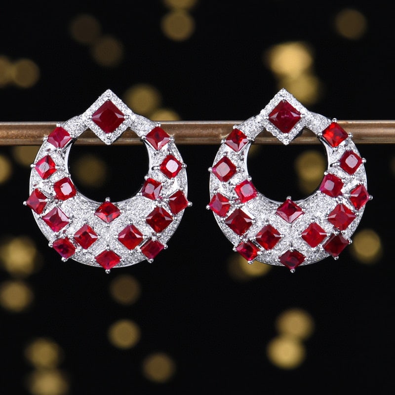 14k Gold 4.61 Ctw Natural Ruby & Diamond Earrings: Ref:231091058 // gold content:14k gold // main gemstone:ruby // shape:princess // carat weight:4. 15ct // color:red // treatment:natural // // adjacent gemstone 2 : diamond // number of stones:230 // 