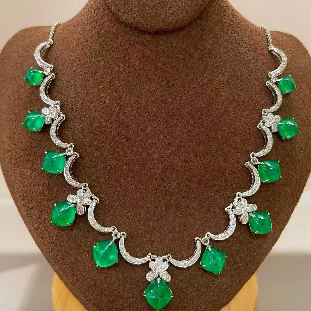 14k Gold 10.57 Ct Natural Emerald & Diamond & Sapphire Necklace - 5