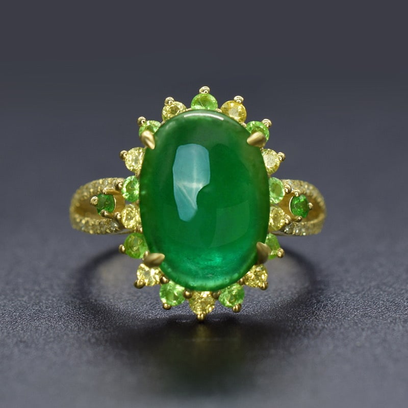 14k Gold 5.21 Ctw Natural Emerald & Diamond & Sapphire Ring: Ref:231091060 // gold content:14k gold // ring size:7. 25us // // main gemstone:emerald // shape:oval // carat weight:5. 02ct // color:green // treatment:natural // // adjacent gemstone 2 : diamond