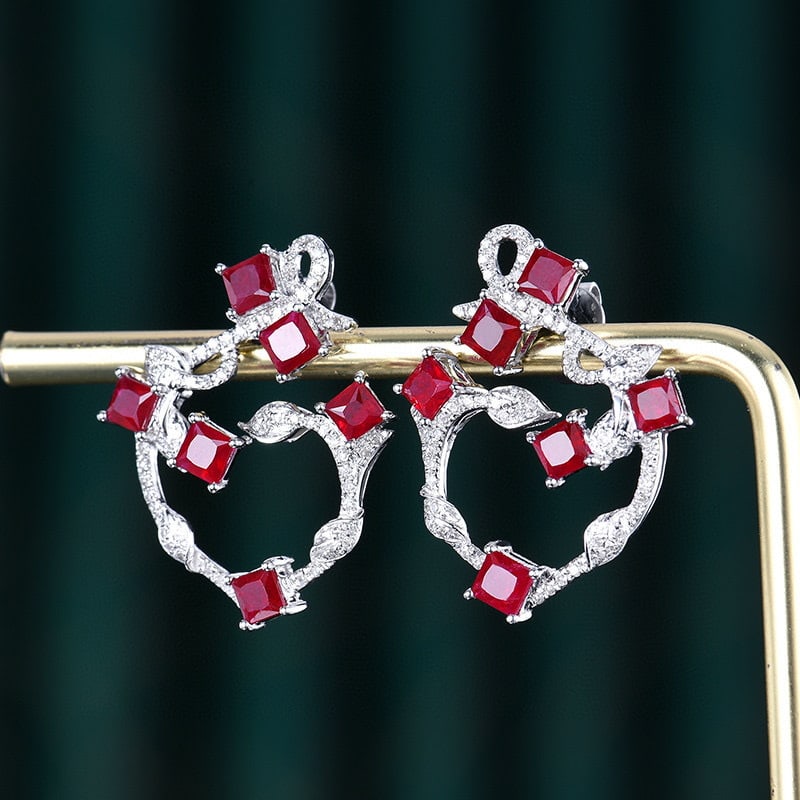 14k Gold 2.4 Ct Natural Ruby & Diamond Earrings - 2
