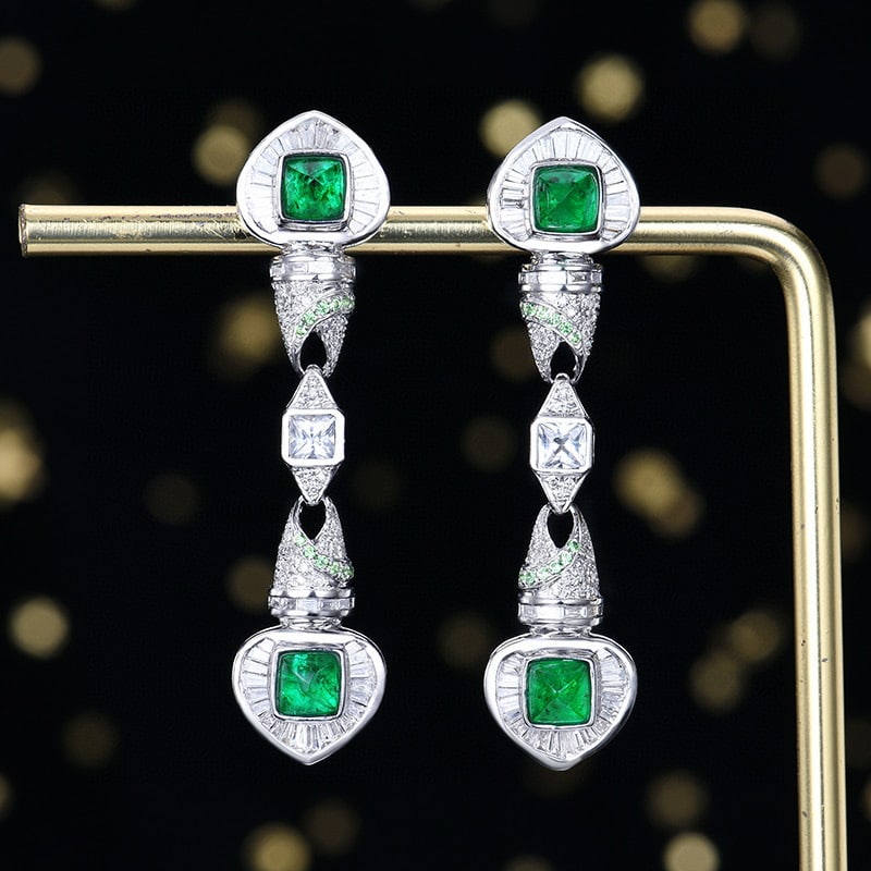 14k Gold 2.41 Ctw Natural Emerald & Diamond Earrings: Ref:231091067 // gold content:14k gold // main gemstone:emerald // shape:sugar-loaf // carat weight:1. 41ct // color:green // treatment:natural // // adjacent gemstone 2 : diamond // number of stones:
