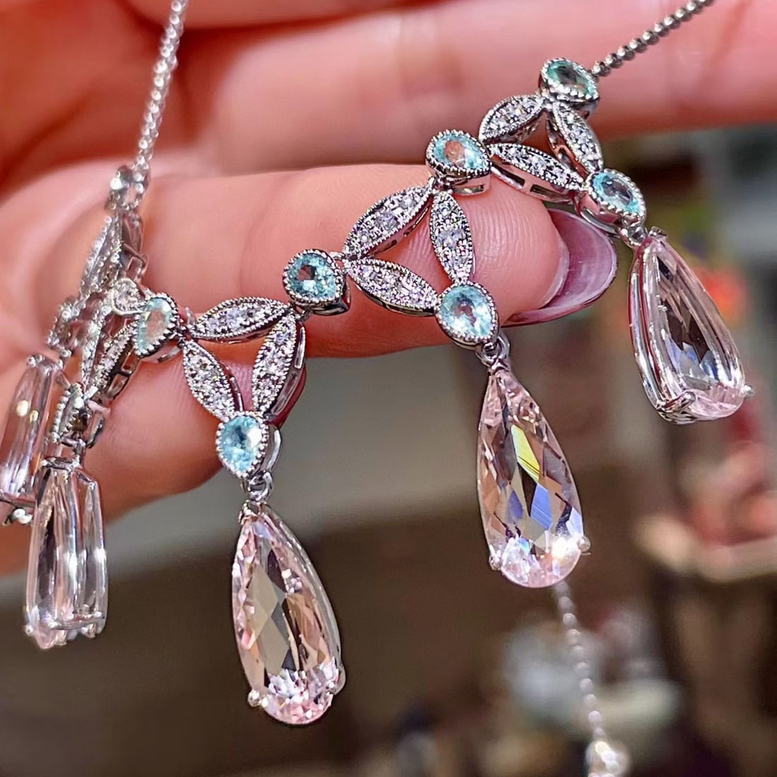 14k Gold 10.27 Ctw Natural Morganite & Paraiba Tourmaline Necklace - 4