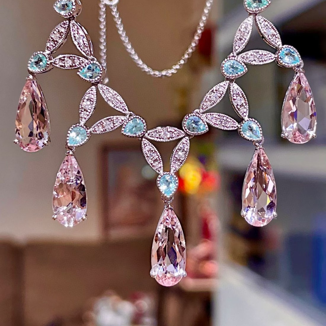 14k Gold 10.27 Ctw Natural Morganite & Paraiba Tourmaline Necklace - 6