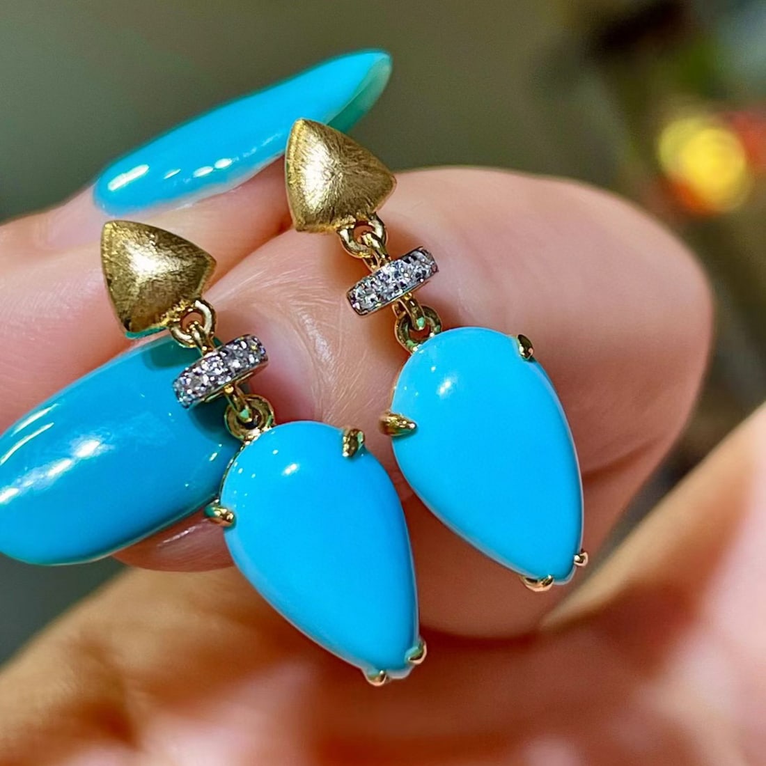 14k Gold 4.82 Ct Natural Blue Turquoise & Diamond Earrings - 2