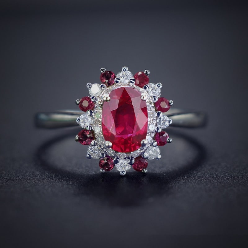 14k Gold 1.22 Ctw Natural Ruby & Diamond Ring: Ref:231091098 // gold content:14k gold // ring size:7. 25us // // main gemstone:ruby // shape:oval // carat weight:1. 01ct // color:red // treatment:natural // // adjacent gemstone 2 : diamond //