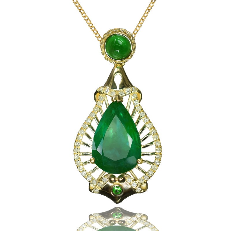 14k Gold 3.40 Ctw Vivid Green Natural Emerald & Diamond Pendant( Without Chain ) - 4