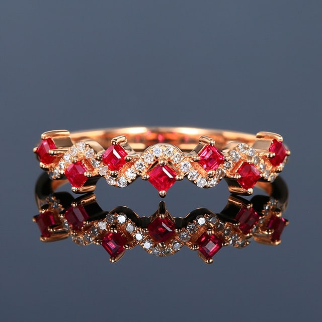 14k Gold 0.47 Ctw Natural Ruby & Diamond Ring: Ref:231091106 // gold content:14k gold // ring size:7. 25us // // main gemstone:ruby // shape:square // carat weight:0. 37ct // color:red // treatment:natural // // adjacent gemstone 2 : diamond //