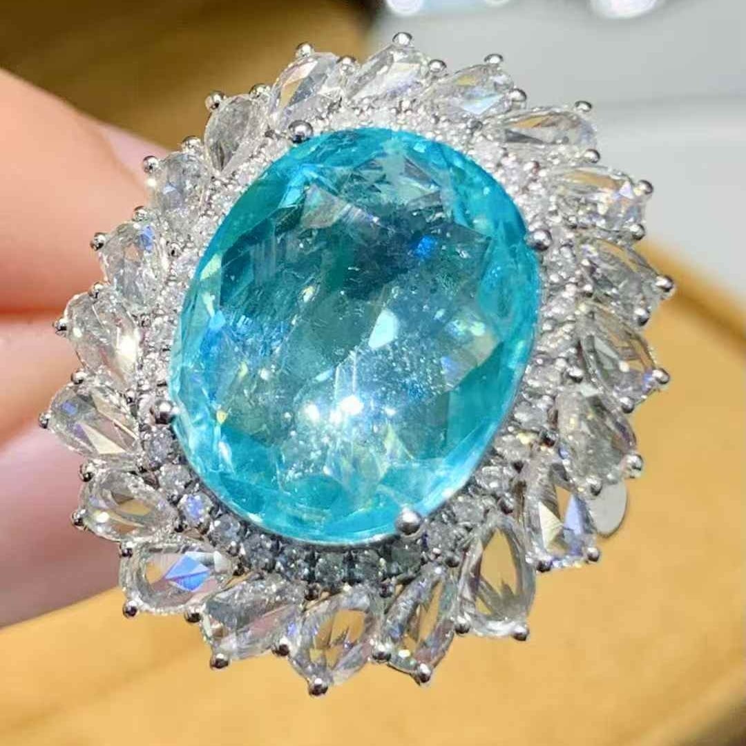 14k Gold 7.12 Ct Natural Paraiba Tourmaline & Diamond Ring - 2