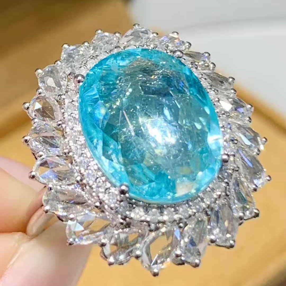 14k Gold 7.12 Ct Natural Paraiba Tourmaline & Diamond Ring - 4