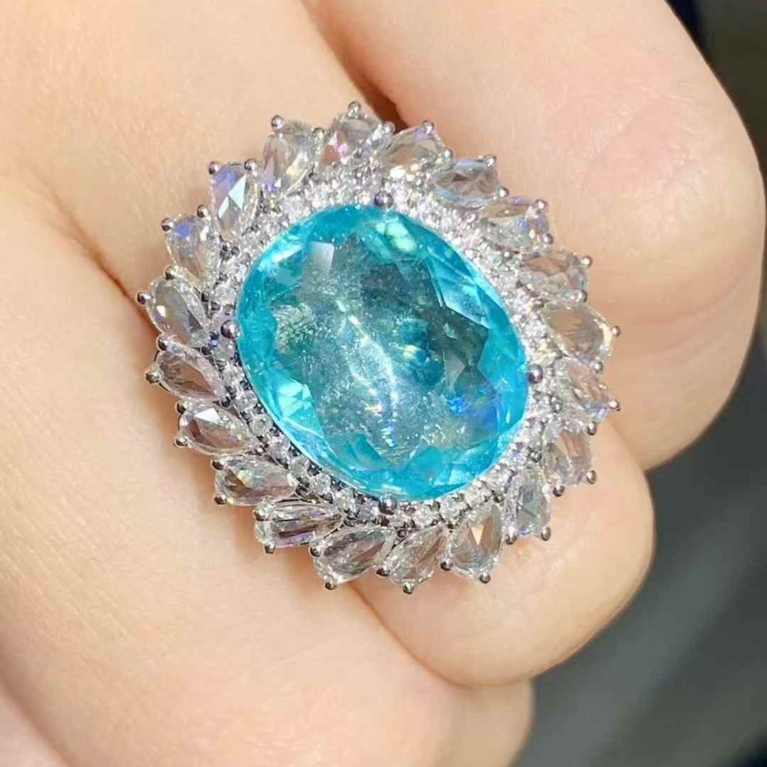 14k Gold 7.12 Ct Natural Paraiba Tourmaline & Diamond Ring - 5