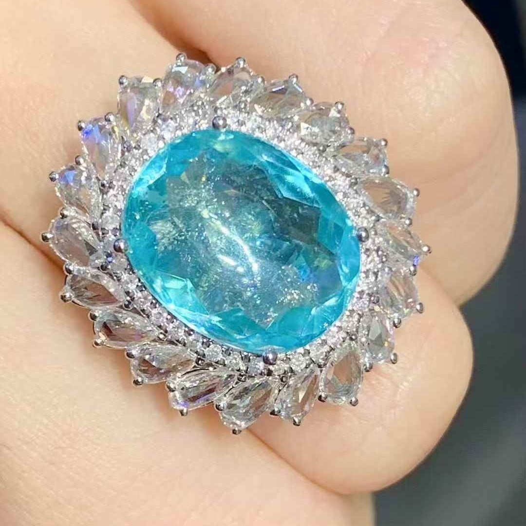 14k Gold 7.12 Ct Natural Paraiba Tourmaline & Diamond Ring - 6