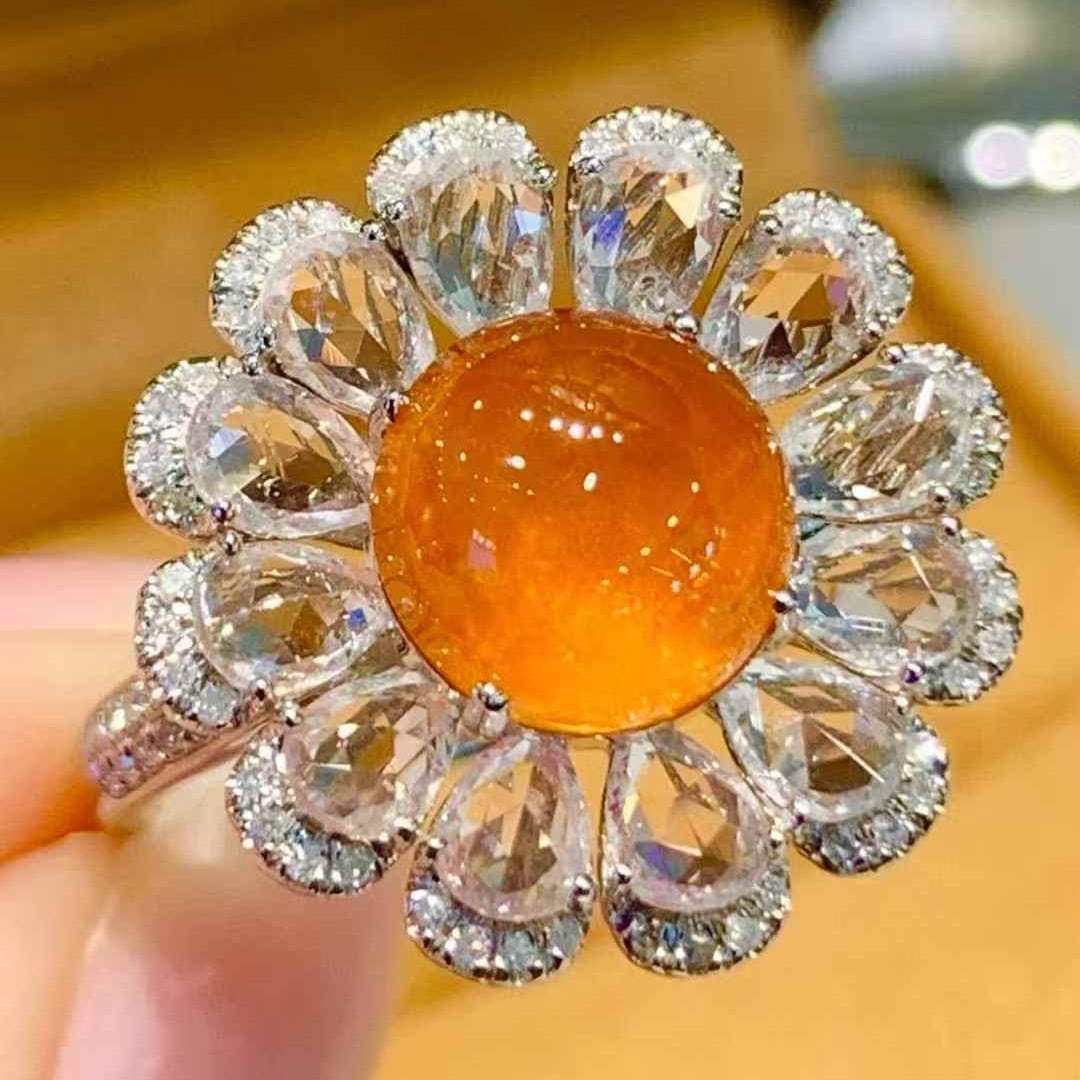 14k Gold 4.55 Ct Natural Spessartine & Diamond & Sapphire Ring: Ref:231091126 // gold content:14k gold // ring size:7. 25us // // main gemstone:spessartine // shape:round // carat weight:4. 55ct // color:orange // treatment:natural // cut grade:g // // adjacent