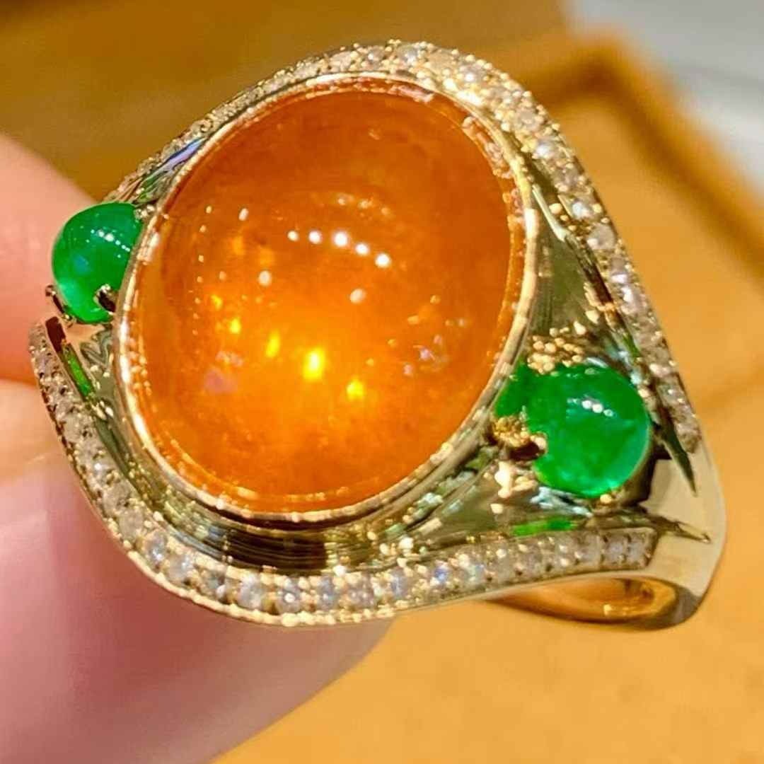 14k Gold 8.9 Ct Natural Spessartine & Diamond & Emerald Ring - 3