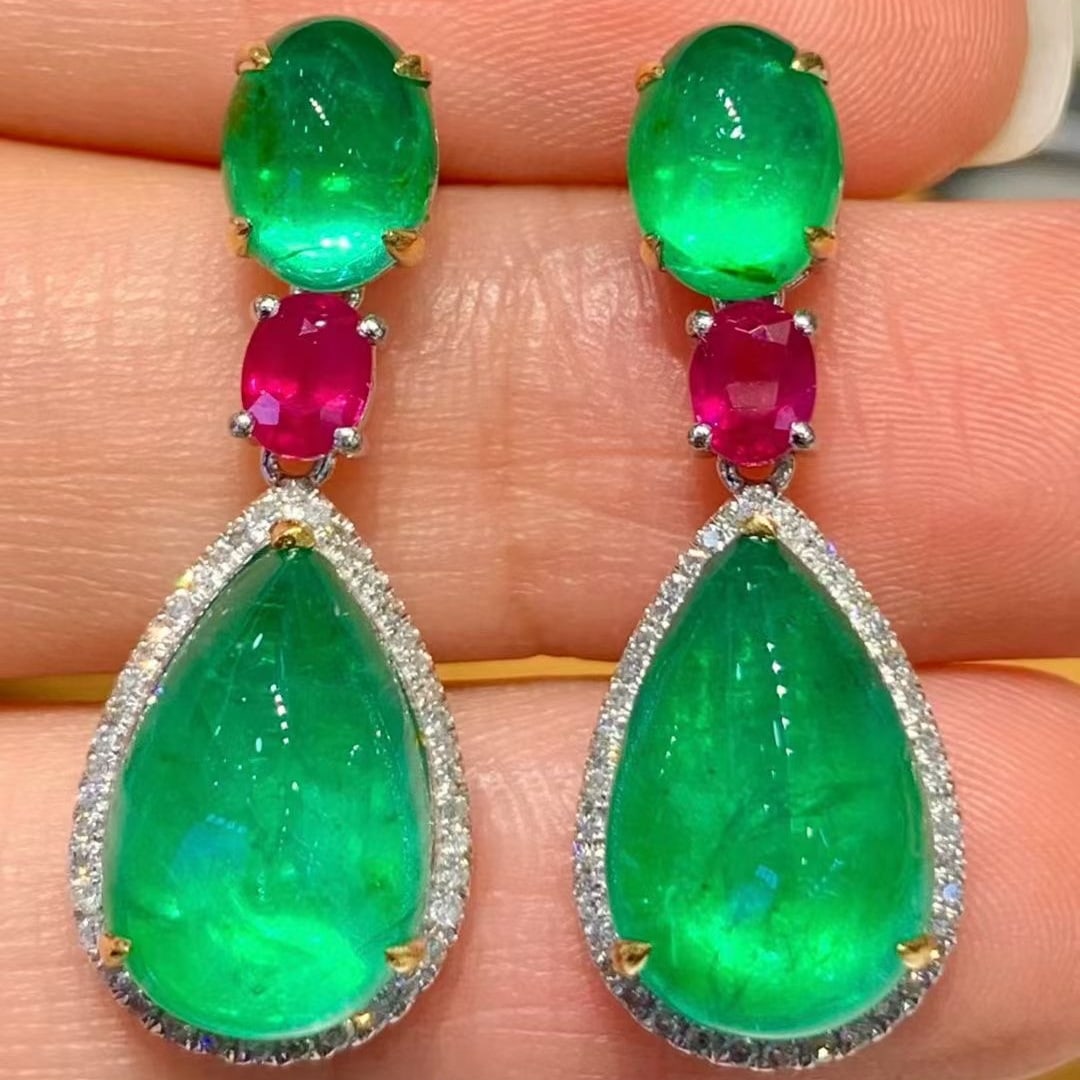 14k Gold 12.0 Ctw Vivid Green Natural Emerald & Ruby Earrings - 2