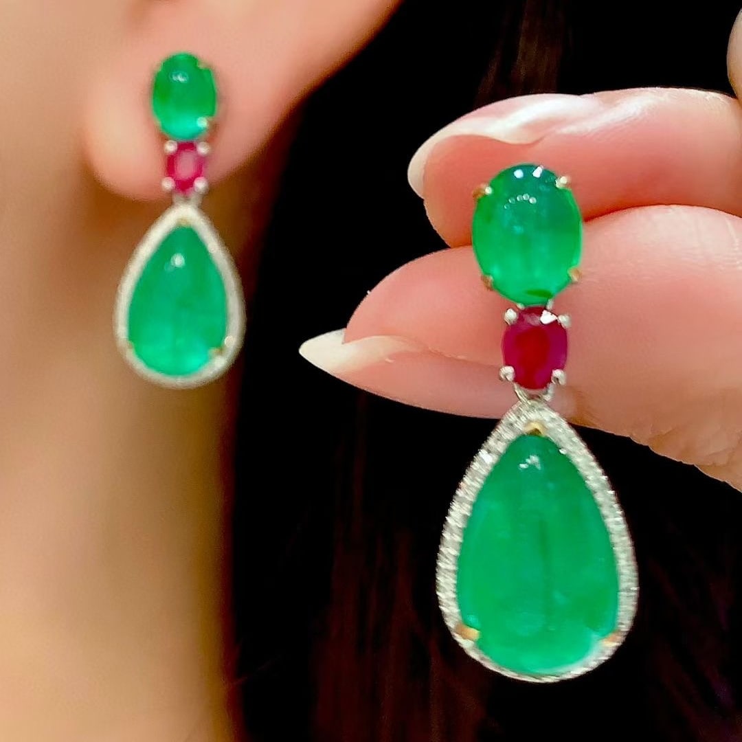 14k Gold 12.0 Ctw Vivid Green Natural Emerald & Ruby Earrings - 5