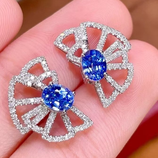 14k Gold 1 Ct Natural Sapphire & Diamond Earrings - 2