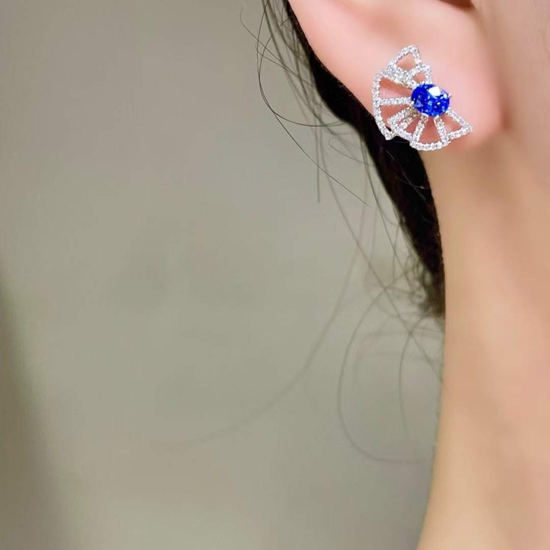 14k Gold 1 Ct Natural Sapphire & Diamond Earrings - 3