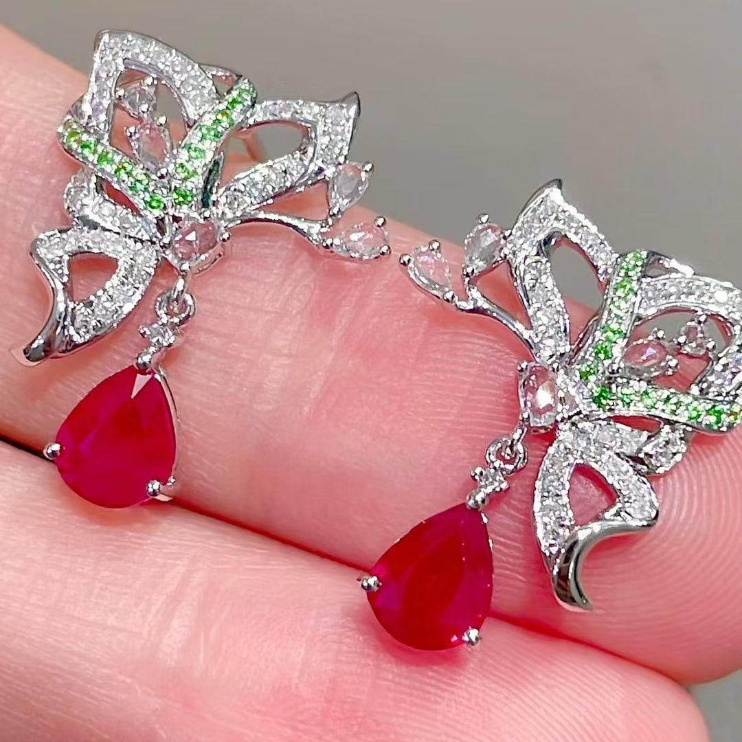 14k Gold 1.3 Ct Natural Ruby & Diamond Earrings - 2