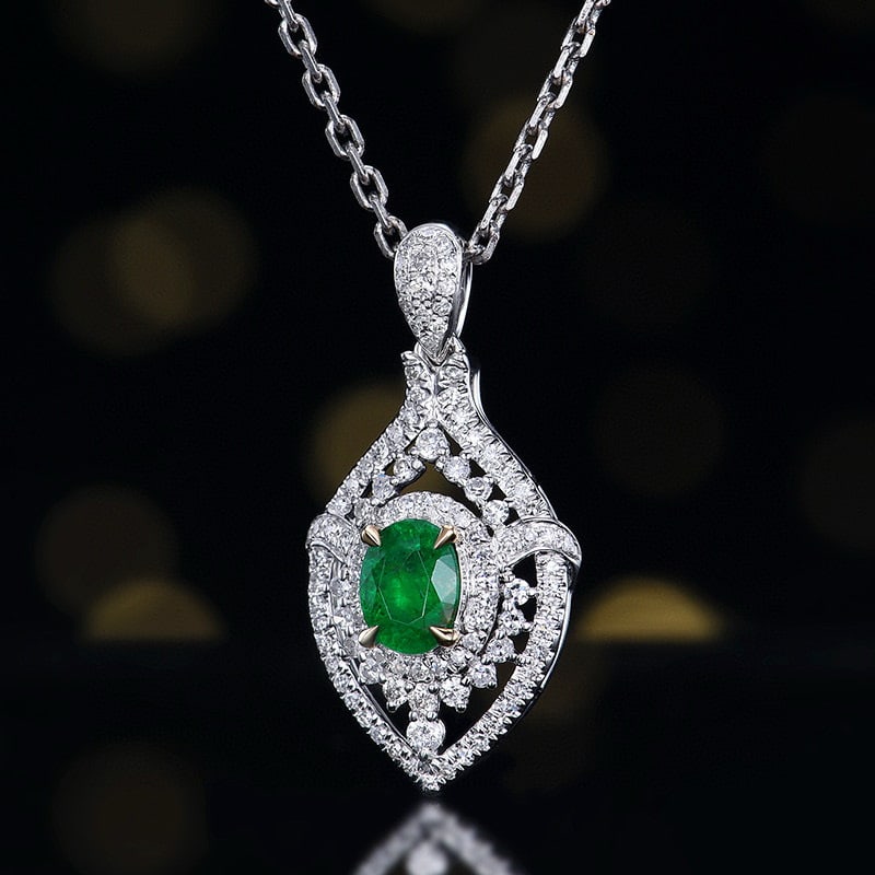 14k Gold 0.7 Ctw Vivid Green Natural Emerald & Diamond Pendant( Without Chain ) - 2