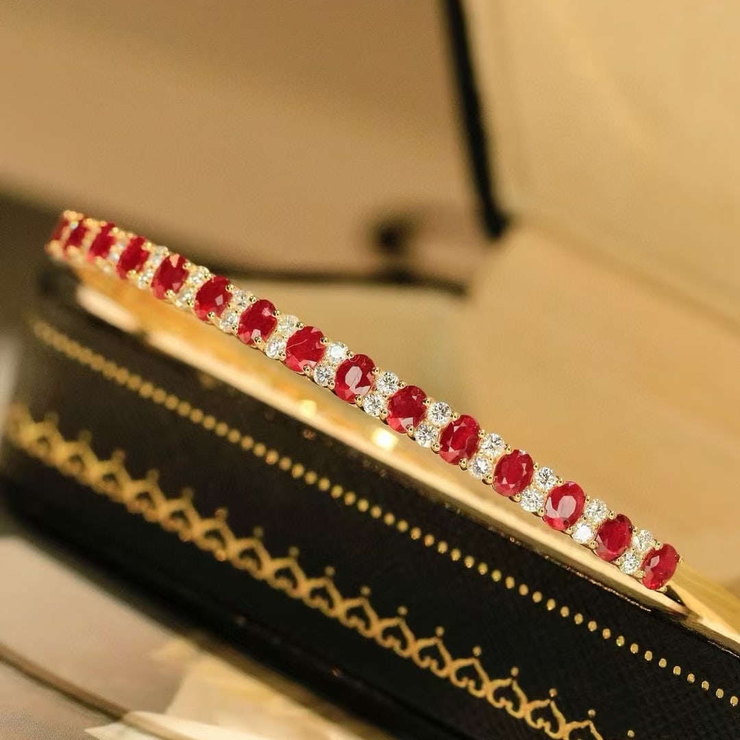 14k Gold 2.6 Ctw Natural Ruby & Diamond Bangle - 2