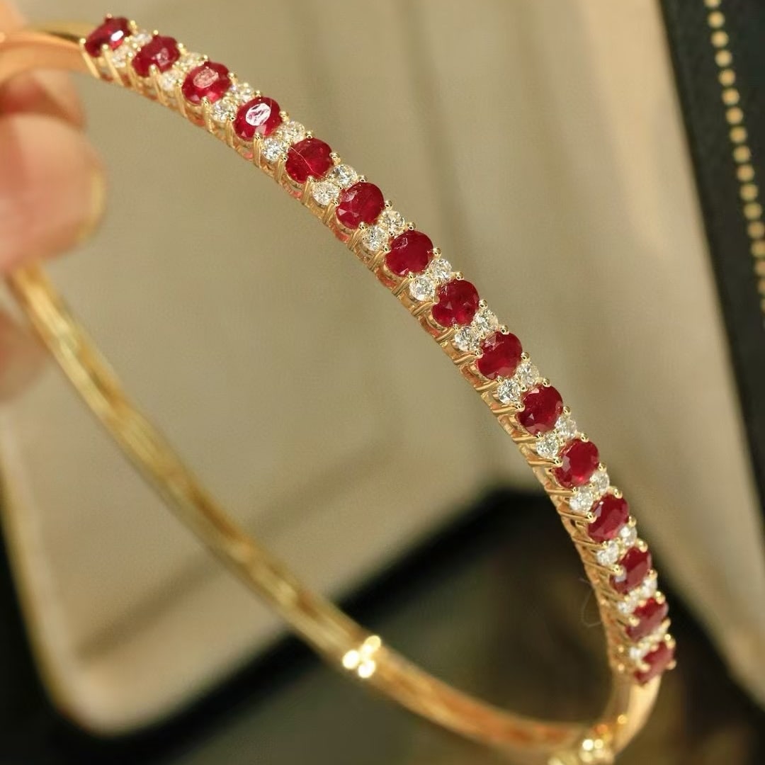 14k Gold 2.6 Ctw Natural Ruby & Diamond Bangle - 3