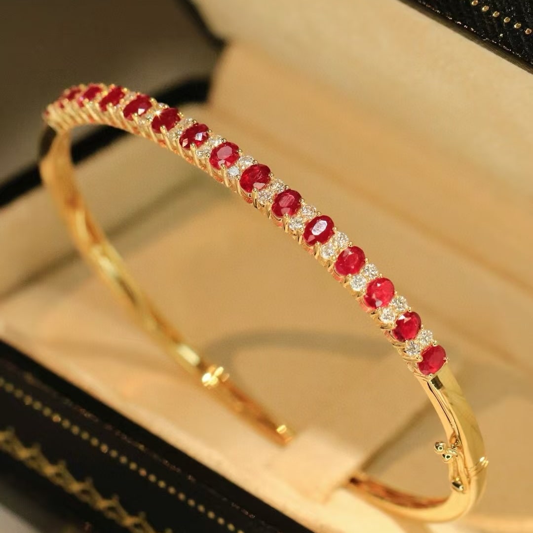 14k Gold 2.6 Ctw Natural Ruby & Diamond Bangle - 4