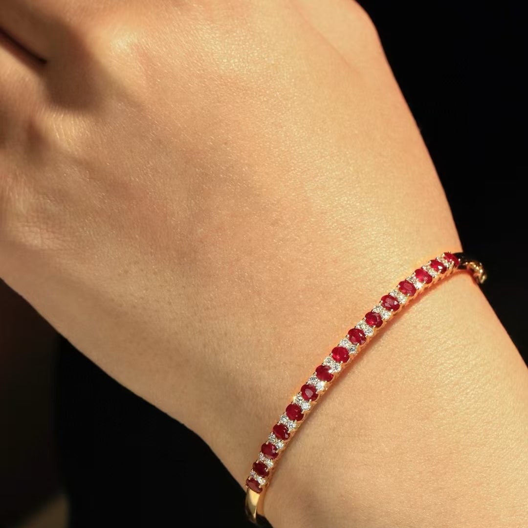 14k Gold 2.6 Ctw Natural Ruby & Diamond Bangle - 5