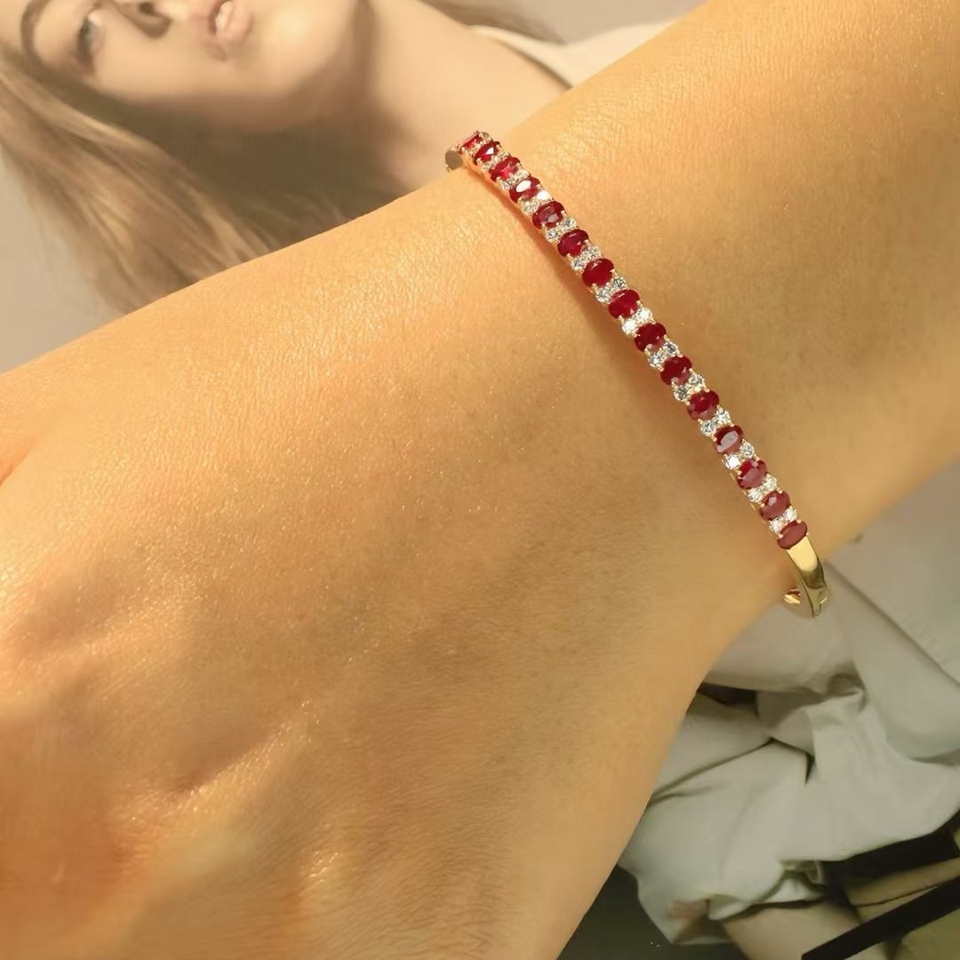 14k Gold 2.6 Ctw Natural Ruby & Diamond Bangle - 6
