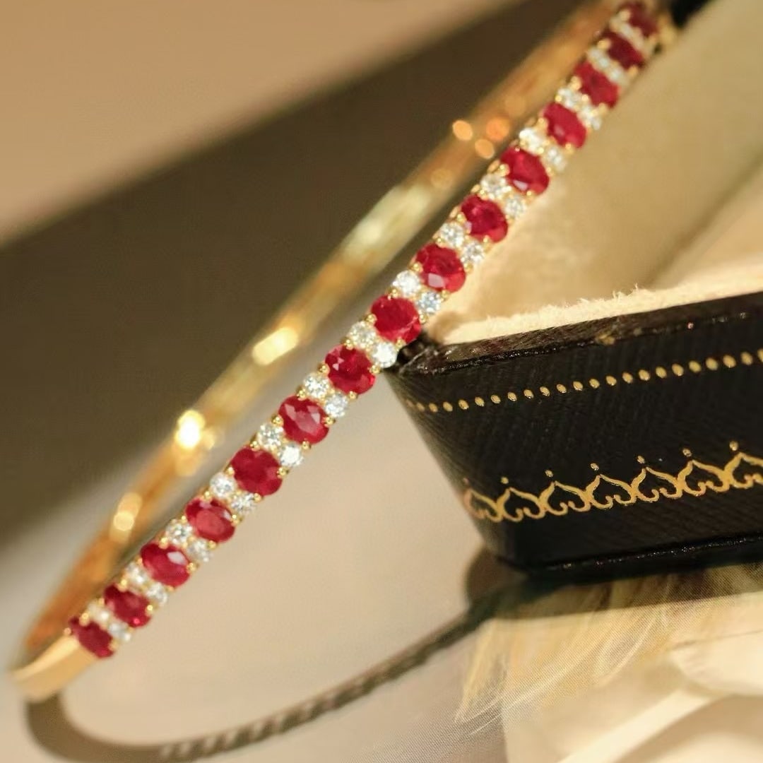 14k Gold 2.6 Ctw Natural Ruby & Diamond Bangle - 7