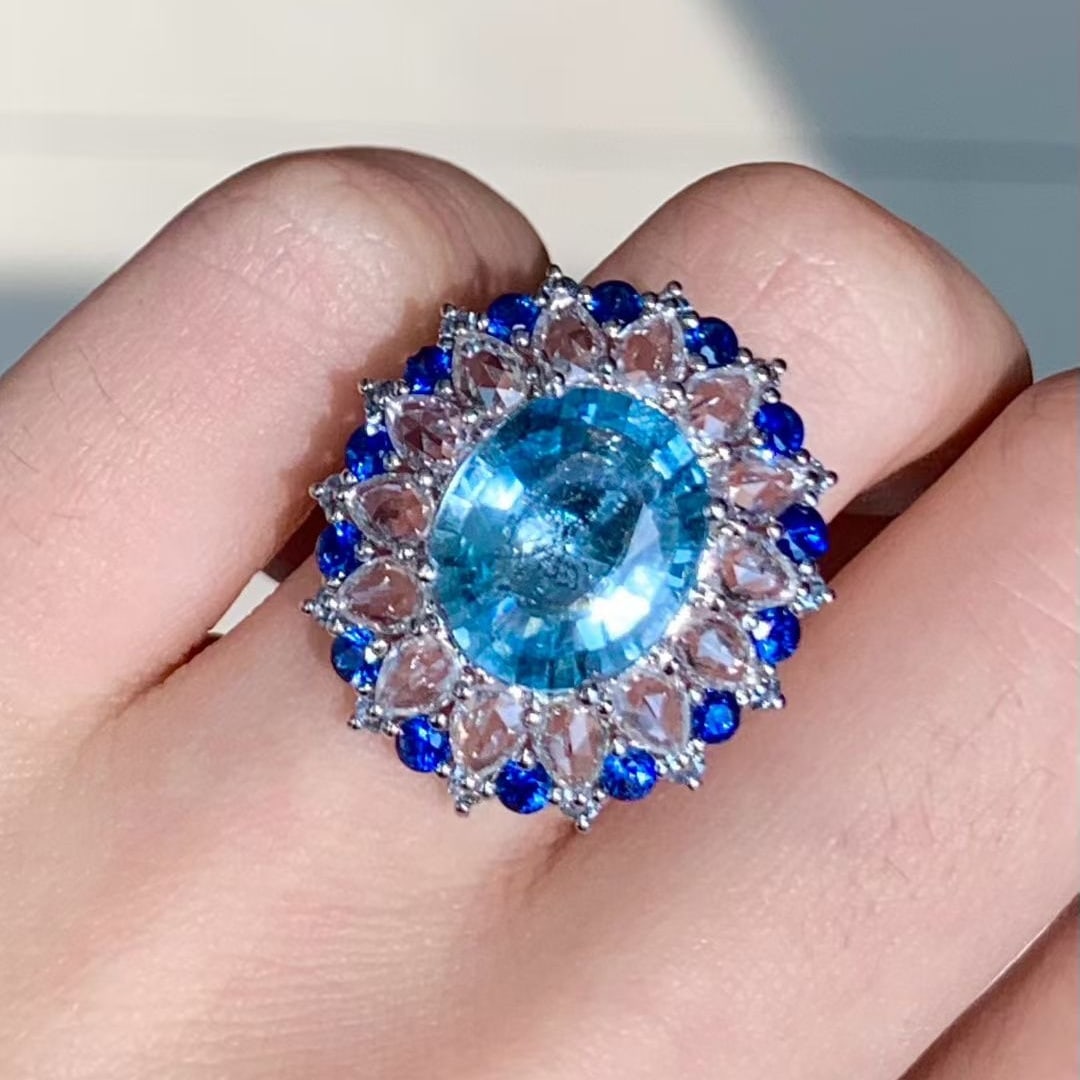 14k Gold 4.3 Ct Natural Aquamarine & Diamond & Sapphire Ring - 4
