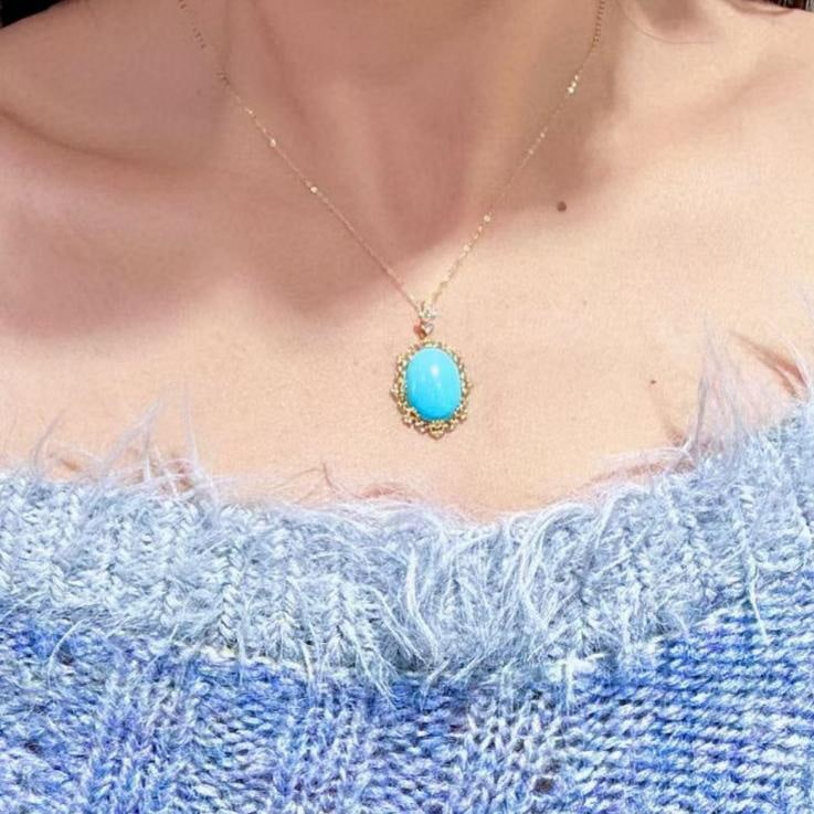 14k Gold 6.29 Ctw Natural Blue Turquoise & Diamond Pendant( Without Chain ) - 4