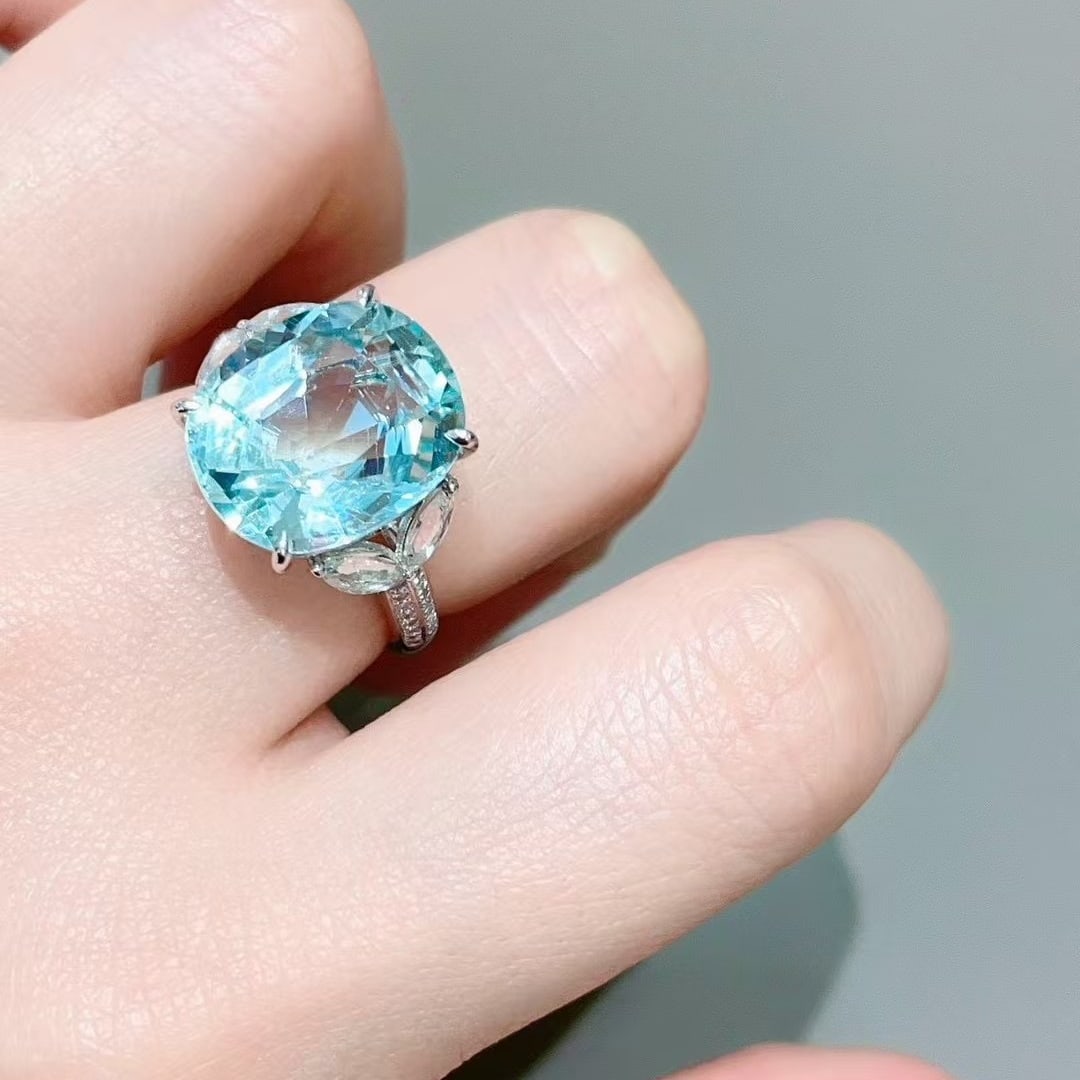 14k Gold 7.3 Ct Natural Aquamarine & Diamond & Sapphire Ring - 6