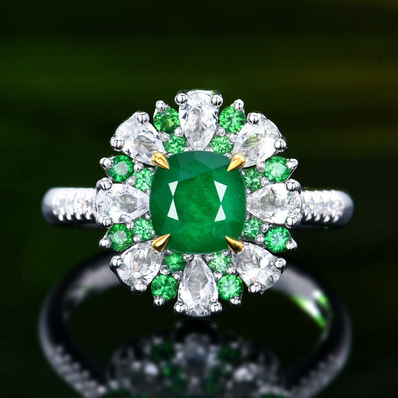 14k Gold 1.36 Ctw Vivid Green Natural Emerald & Diamond Ring: Ref:231091215 // gold content:14k gold // ring size:7. 25us // // main gemstone:emerald // shape:cushion // carat weight:1. 3ct // color:vivid green // treatment:natural // // adjacent gemstone 2 : di