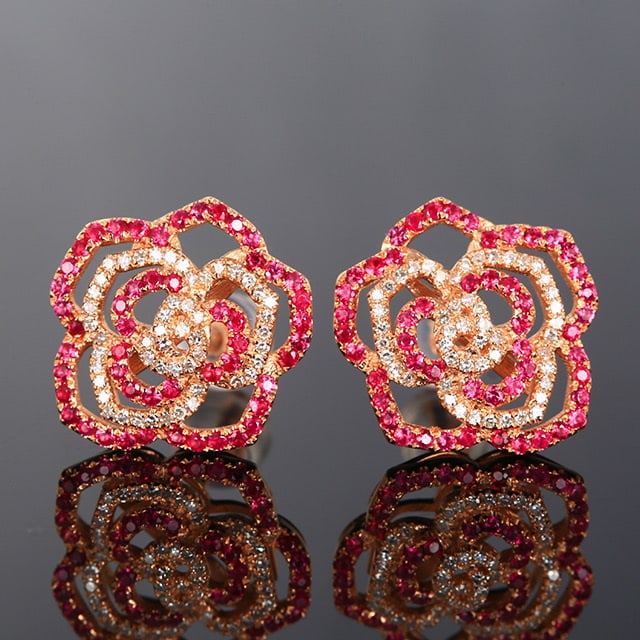 14k Gold 0.62 Ctw Natural Ruby & Diamond Earrings: Ref:231091223 // gold content:14k gold // main gemstone:ruby // shape:round // carat weight:0. 36ct // color:red // treatment:natural // cut grade:g // // adjacent gemstone 2 : diamond // number of